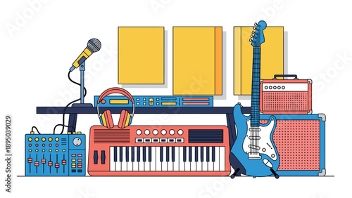 Modern music studio setup with instrument and equipment icons in flat design