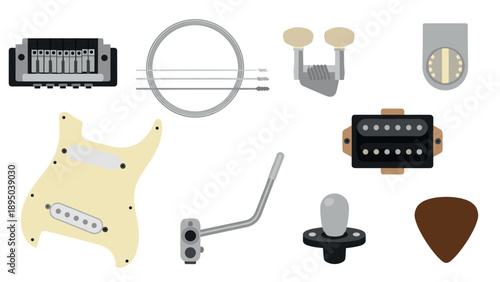 Electric guitar parts set with flat design: body, strings, pick, and hardware components