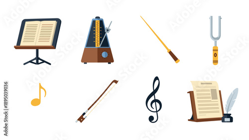 Musical tools and instruments collection featuring notes and accessories