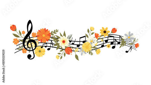 Floral music harmony with colorful spring flowers and musical notes