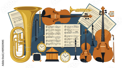 Orchestral instruments and sheet music composition in flat design style