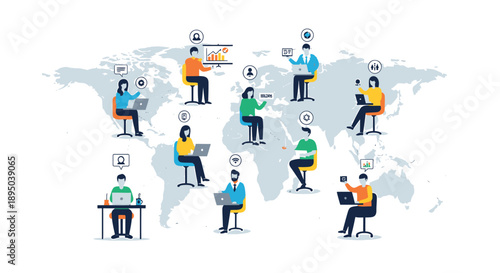 Vector illustration of diverse people working remotely around the world map, laptops and speech bubbles, for website or presentation background
