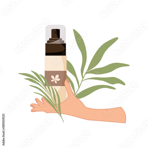 Face wash foam in a woman's hands against a backdrop of tropical plants.A jars of cream or other cosmetic products. Vector illustration for cosmetology, body and face care.	