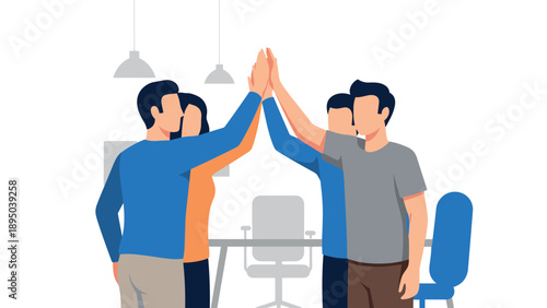 Team collaboration success: colleagues celebrate with high five in office setting