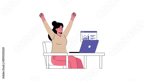 Excited woman celebrating achievement at work with laptop and chart display
