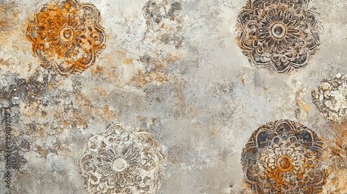 Ornate floral mandala patterns on a weathered, textured concrete surface with rustic, vintage tones.
