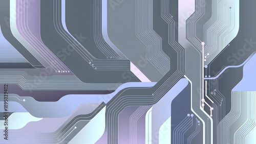 A sleek, minimalistic abstract design features flowing lines reminiscent of a circuit board, presented in elegant cool gray and soft pastel purple tones.