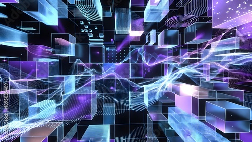 A futuristic abstract cityscape is formed by glowing translucent cubes and interconnected structures, traversed by vibrant blue-purple data streams.