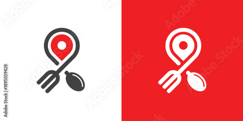 Food delivery location logo with fork and spoon design.