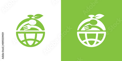 Global food concept logo with fork spoon and leaves green color.