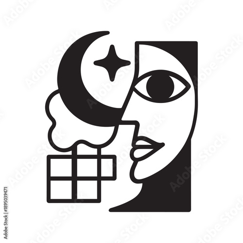 An abstract cubist portrayal of a face gazing towards a celestial moon and shining star
