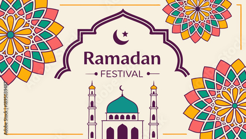 Vibrant Ramadan Festival graphic with mosque and floral patterns