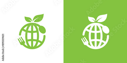 Healthy food concept logo with globe fork spoon and leaves.