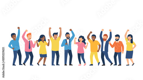 Diverse group of excited people celebrating in colorful outfits on white background