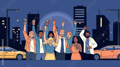 Joyful group of friends celebrating night party in the city with drinks