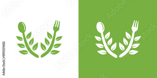 Healthy food logo design with spoon and fork in green color.