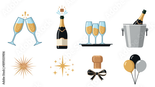 Celebratory champagne elements with glasses, bubbles, and festive decorations