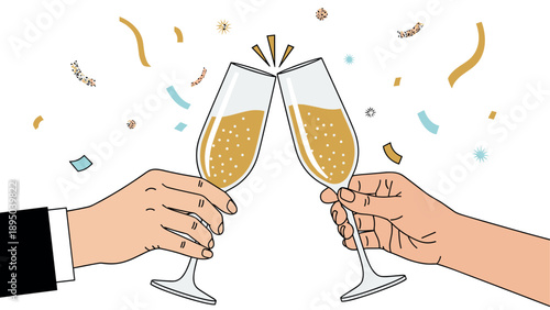 Celebration cheers: two hands clinking champagne glasses with falling confetti