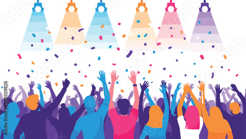 Vibrant party celebration with colorful lights and confetti falling in a crowd