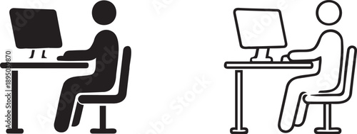 Person Working at Computer Desk Black and White Icon Set