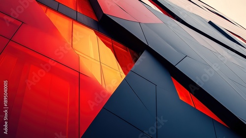 Abstract close-up of a modern building facade featuring angular red and orange glass panels with geometric patterns and sleek lines.