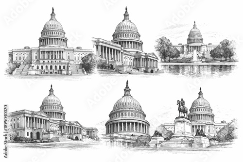 United States Capitol Building Architecture Sketch Icons Set