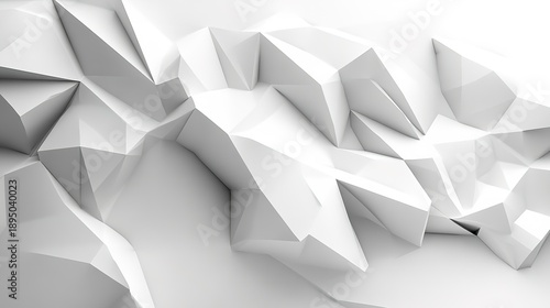 Abstract white geometric shapes form a low-poly 3D surface with sharp, angular facets and shadows.