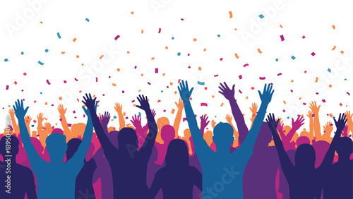 Vibrant crowd celebrating with raised hands and falling confetti in colorful silhouette style