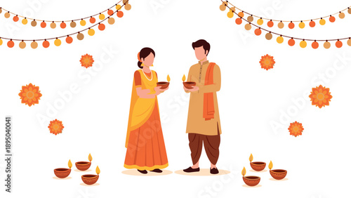 Diwali celebration with traditional attire and festive diyas