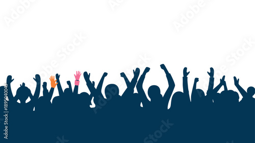 Silhouette of diverse crowd celebrating with raised hands in unity and diversity