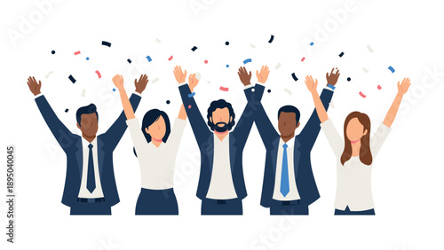 Diverse team celebrating success with raised hands and confetti