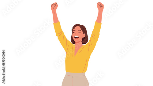 Celebrating success: excited woman with raised arms in joyful expression