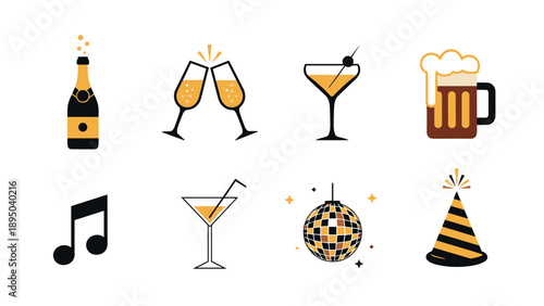 Stylish party icons collection: drinks, music, celebrations, and more