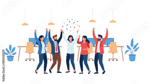 Celebrating success in the workplace with diverse team of happy employees