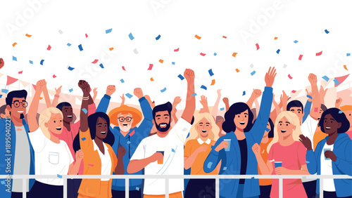 Joyful crowd celebrating with colorful confetti and excited cheers