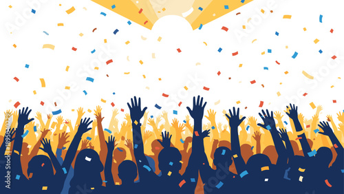 Vibrant celebration with confetti and silhouetted crowd under sunburst