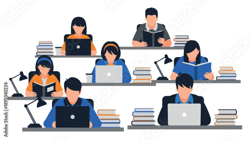 Students studying with laptops and books at desks in a flat design