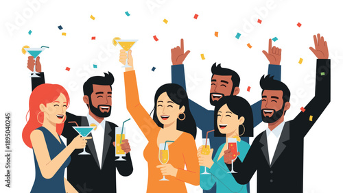 Celebratory gathering with diverse group of people holding drinks and confetti