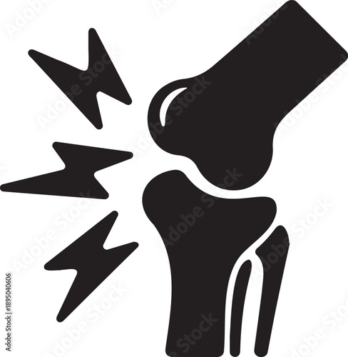 Black Vector Icon of Human Knee Joint with Pain Symbol