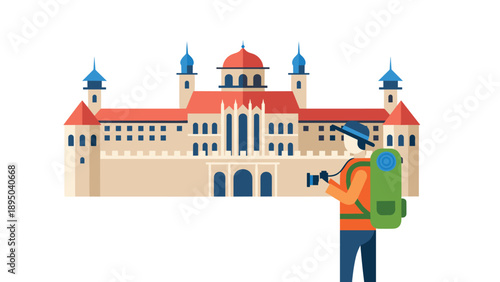 Traveler capturing a majestic castle with red and blue accents in flat design