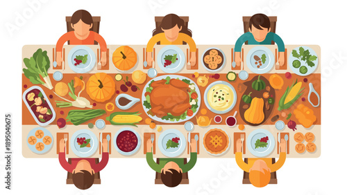 Thanksgiving feast with family gathering around festive table of seasonal dishes