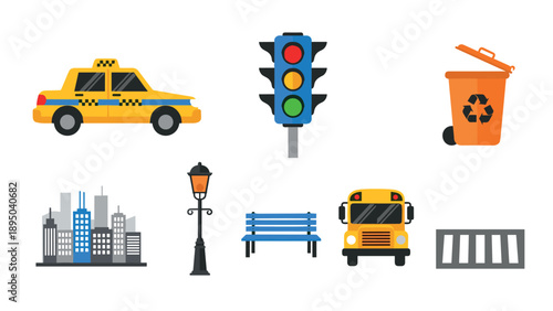 Urban commuting elements set featuring taxi, traffic light, recycling bin, and more