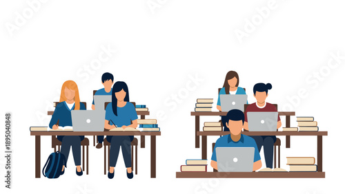 Students studying on laptops in classroom with books and desks