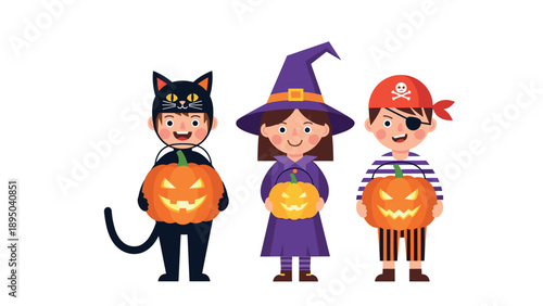 Cute halloween kids in costume holding pumpkins