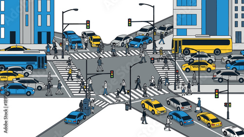 Urban city intersection with busy traffic and pedestrians in isometric style
