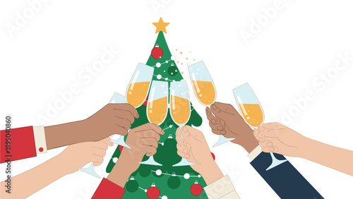 Festive toasting: diverse hands raising glasses around christmas tree
