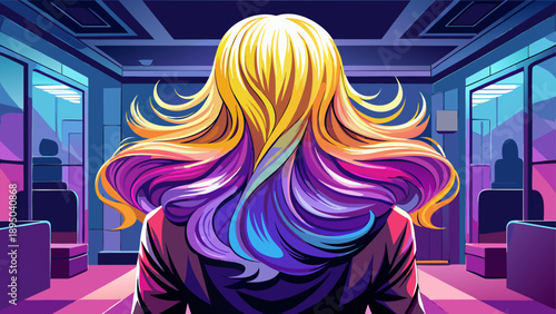Very beautiful close-up back view of a woman with blonde hair transitioning into a purple ombre, styled smoothly in a modern salon environment, highlighting bold contemporary hair fashion and individu