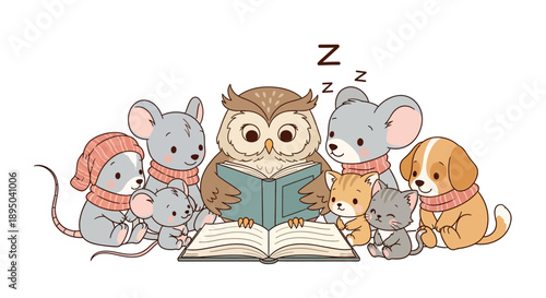 Cute animals sleeping around owl reading storybook together