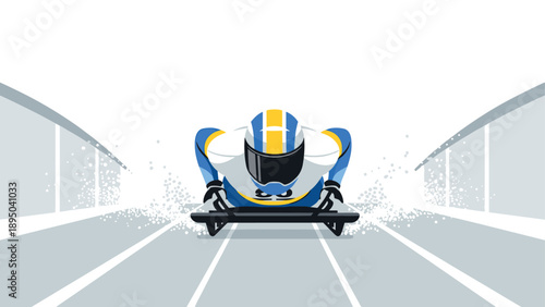 Dynamic bobsledding athlete racing on ice track in minimal style