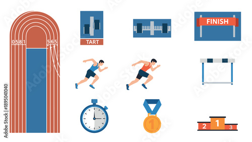 Athletic track event elements: runners, track, stopwatch, medal, podium, finish line icons